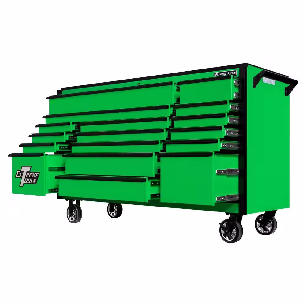Extreme Tools DX Series 72 in. 17-Drawer Roller Cabinet Tool Chest with Mag Wheels in Green with Black Drawer Pulls