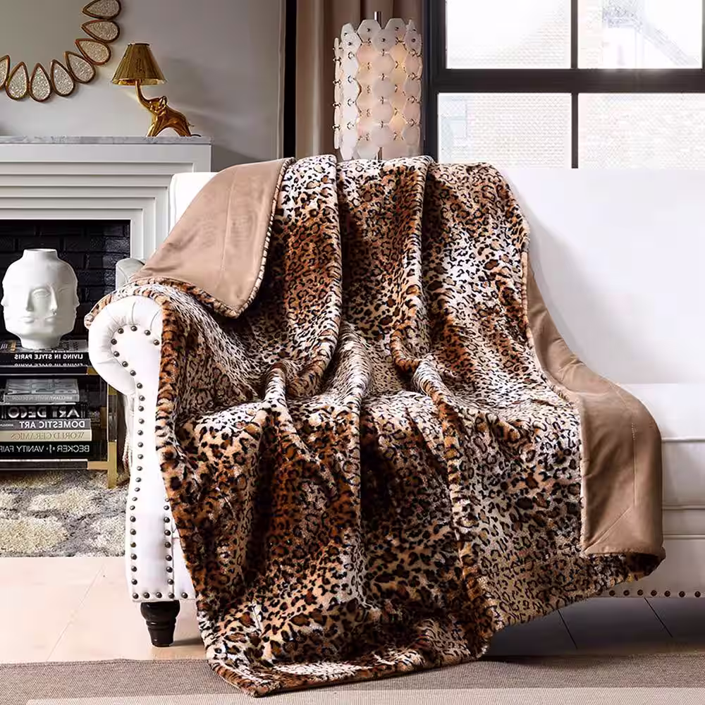 None Brown/Multi Leopard Print Faux Fur Polyester Throw Blanket