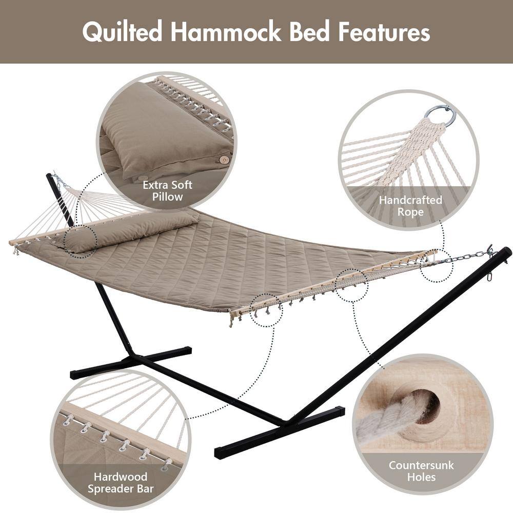 None Double Hammock with Stand 12 ft. Heavy-Duty Hammock with Stand for Outdoors Indoors 450 lbs. Weight Capacity, Pale Brown