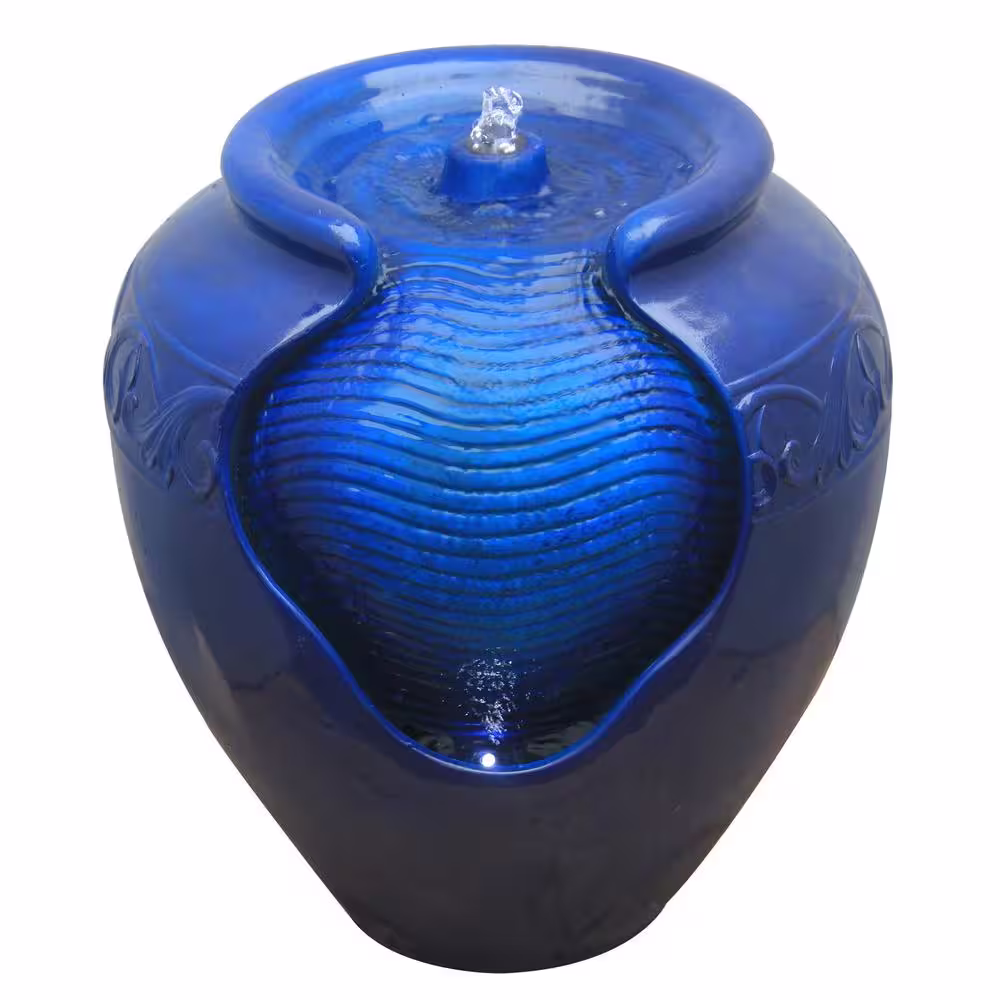 Teamson Home Outdoor Glazed Urn Pot Floor Fountain in Royal Blue