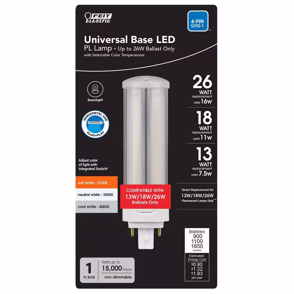 Feit Electric 13W/18W/26W Equivalent PL Horizontal 4-Pin Universal Base G24Q/GX24Q-1/-2/-3 with CCT Select LED Light Bulb (4-Pack)