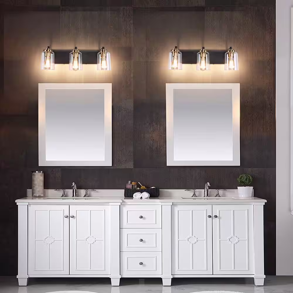 YANSUN 3-Light Matte Black Metal Vanity Light Farmhouse Industrial Wall Sconce with Clear Glass Shade Gold Socket Cups