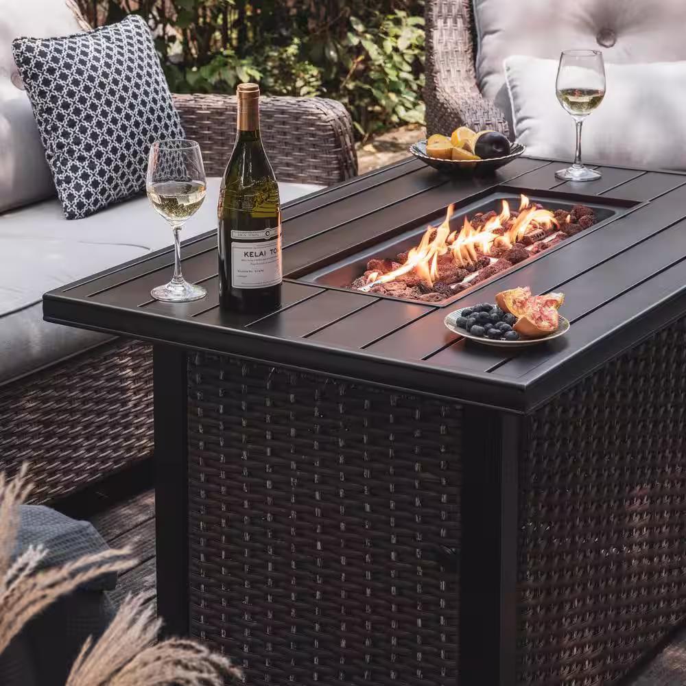 Nuu Garden 44 in. Rectangle Brown Aluminum Propane Gas Wicker Fire Pit Table 50,000 BTU with Fire Glass Stone