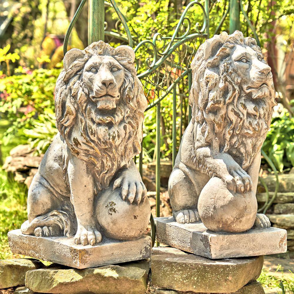 Zaer Ltd. International 27 in. Tall Grey Magnesium Lion Sentry Garden Statues with Ball Marloni and Antonion (Set of 2)