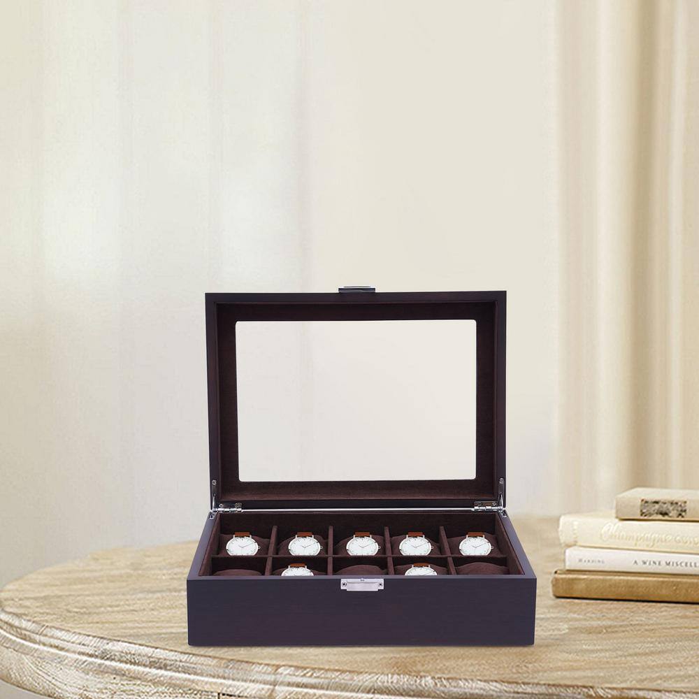 None 14 in. x 7.5 in. Black Watch Box Glass Top Display Organizer Lockable Jewelry Storage Boxes Holder