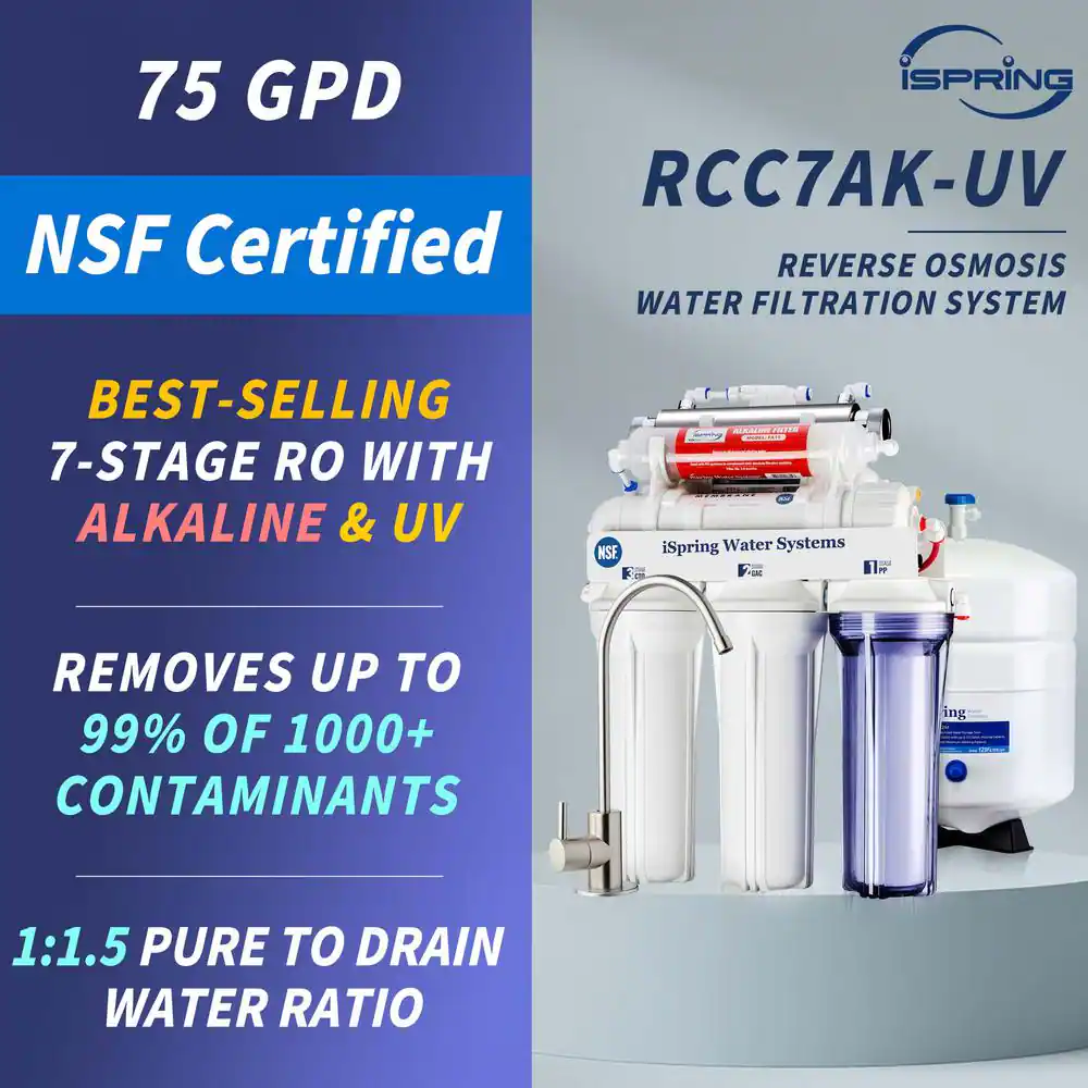 ISPRING 7-Stage Under-Sink Reverse Osmosis RO Drinking Water Filtration System with Alkaline Filter and UV Filter, NSF Certified
