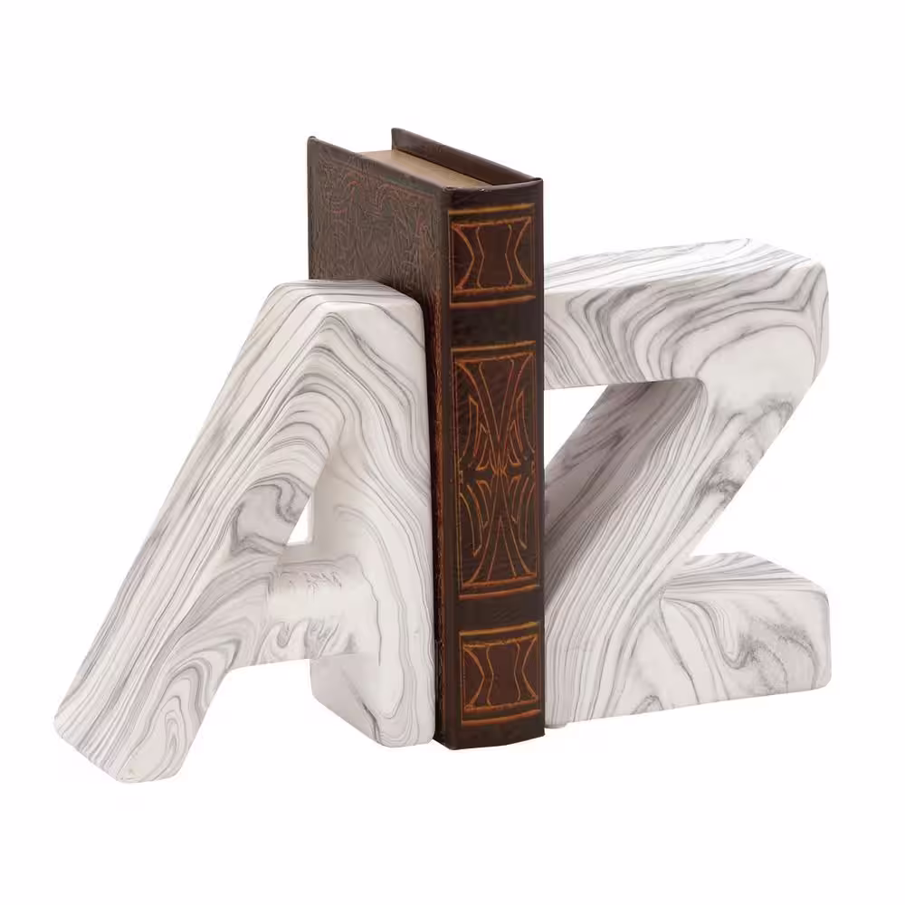 CosmoLiving by Cosmopolitan White Ceramic A Z Text Bookends with Faux Marble Finish (Set of 2)