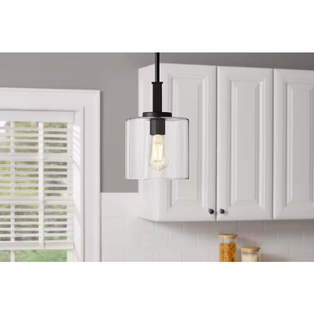 Hampton Bay Kendall Manor 1-Light Matte Black Mini Pendant Hanging Light, Kitchen Pendant Lighting with Clear Glass Shade