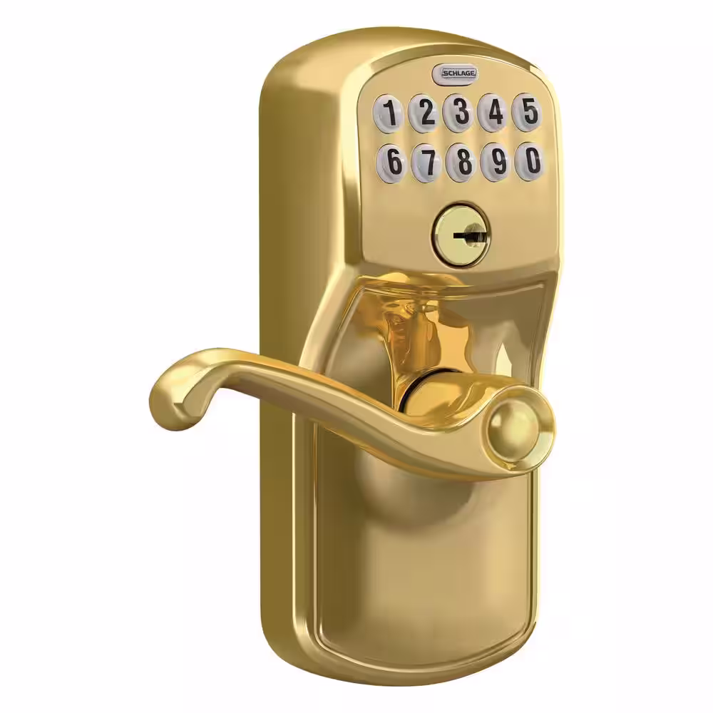 Schlage Plymouth Bright Brass Electronic Keypad Door Lock with Flair Handle and Flex Lock