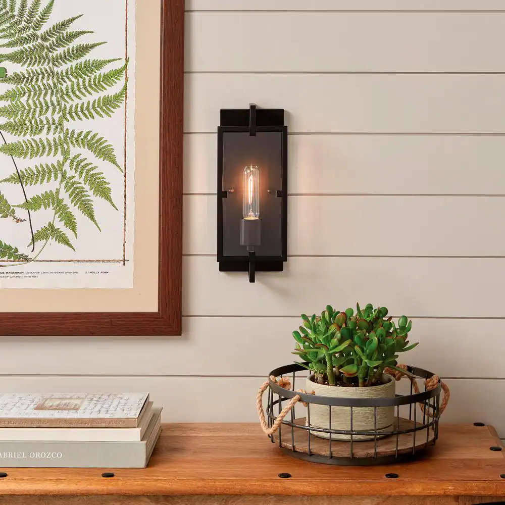 Home Decorators Collection Kenton 4.75 in. 1 Light Bronze Industrial Wall Sconce with Clear Glass Shade for Bathroom