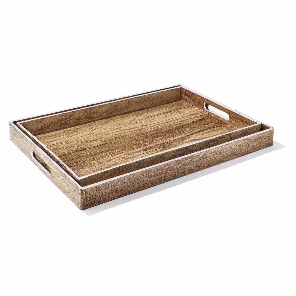 American Atelier 14 in. x 19 in., 12 in. x 18 in. Poplar Finished Serveware Serving Trays with White Rim (Set of 2)