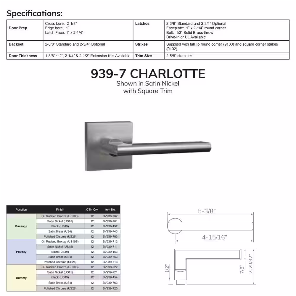 None Bravura Charlotte 939-7 Dummy Door Lever Oil Rubbed Bronze w/ square trim