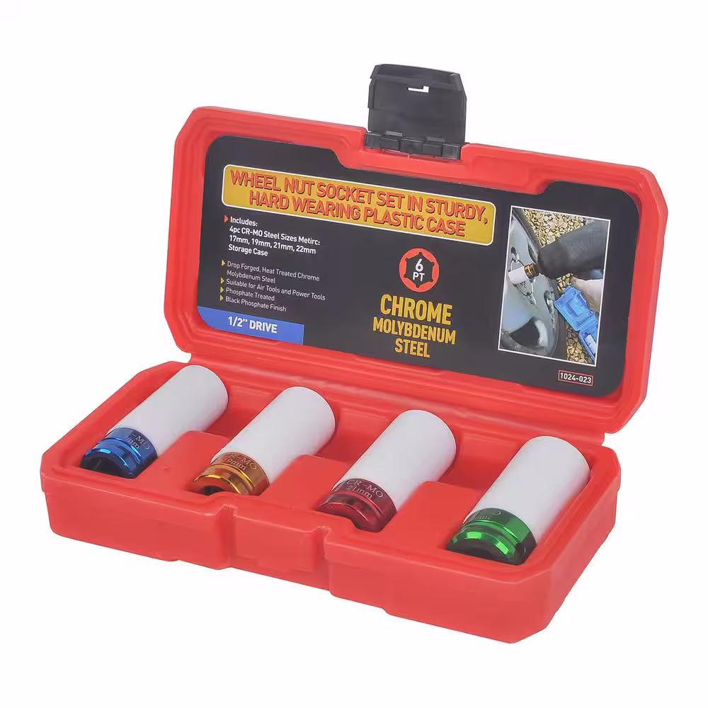 KING 1/2 in. DR Wheel Nut Socket Set with Case, 6-Point Hex (17 mm to 22 mm) METRIC, CR-MO STEEL (4-Pieces Set)