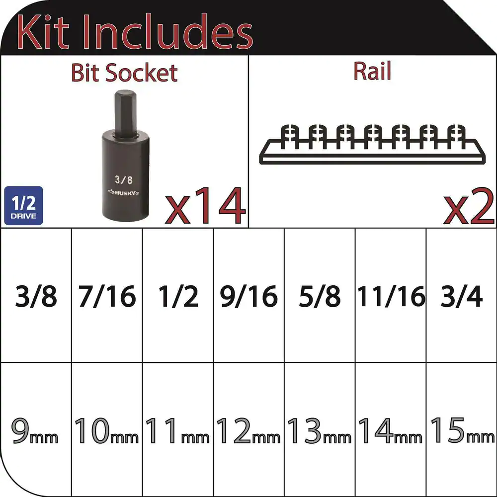 Husky 1/2 in. Drive Hex Bit SAE/MM Impact Set (14-Piece)
