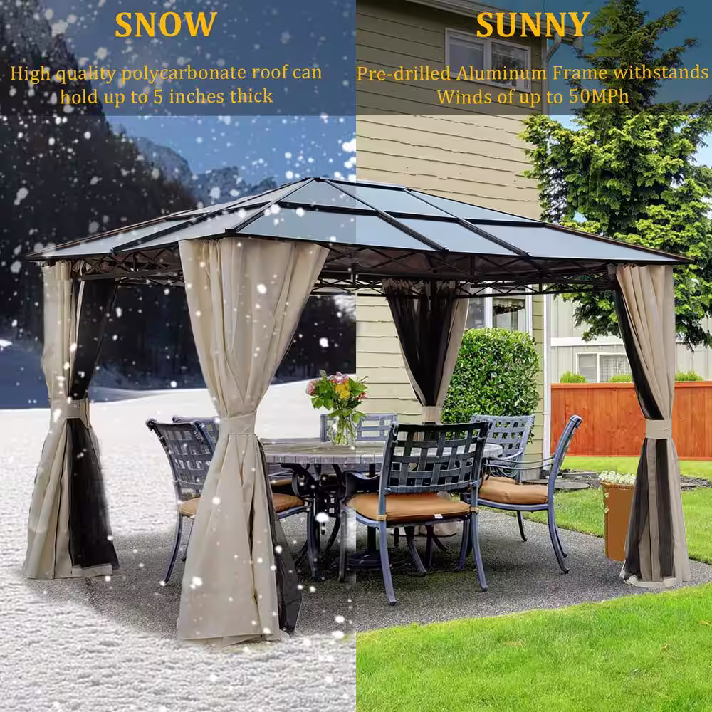 BANSA ROSE 12 ft. x 10 ft. Outdoor Patio Aluminum Hardtop Canopy Gazebo with Mosquito Netting and Curtains