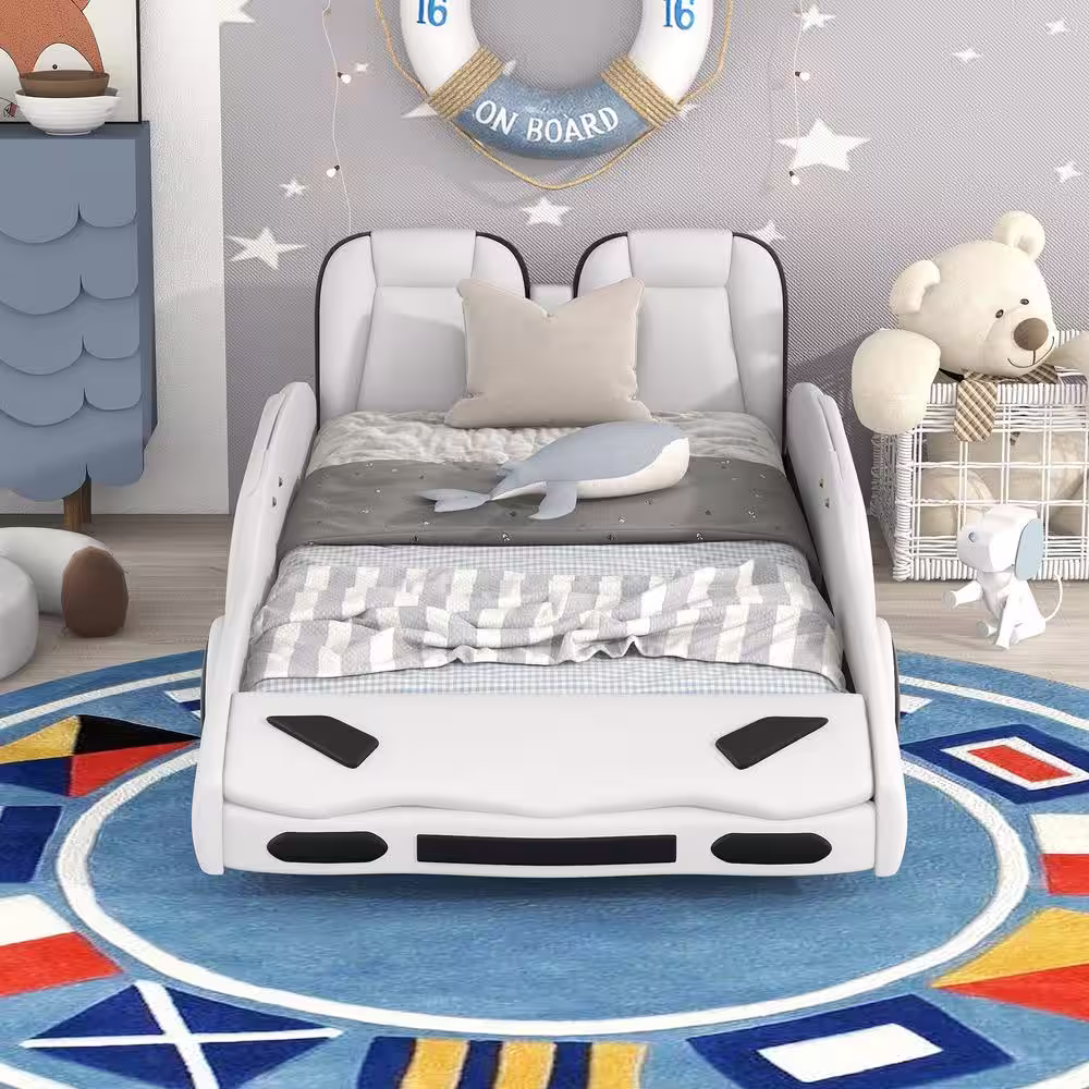 None Twin Size Race Car-Shaped Platform Bed with Wheels, Wood Kids Bed Frame with Guardrails in White
