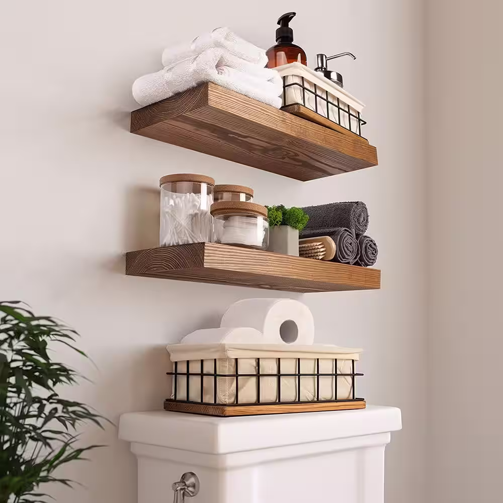 None 16 in. W x 6.7 in. D Walnut Wood Decorative Wall Shelf Floating Wood Shelves Set of 2