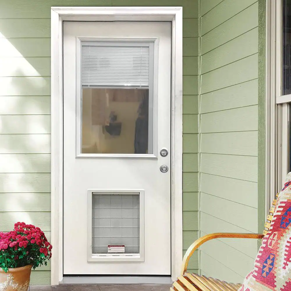 Steves & Sons 31-3/4 in. x 79 in. Reliant Clear Half Lite Mini-Blind White Primed Fiberglass Front Door Slab with Extra Large Pet Door