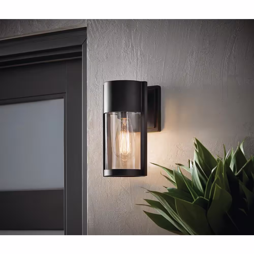 Hampton Bay Kempster Modern 1-Light Matte Black Outdoor Wall Cylinder Light with Clear Glass