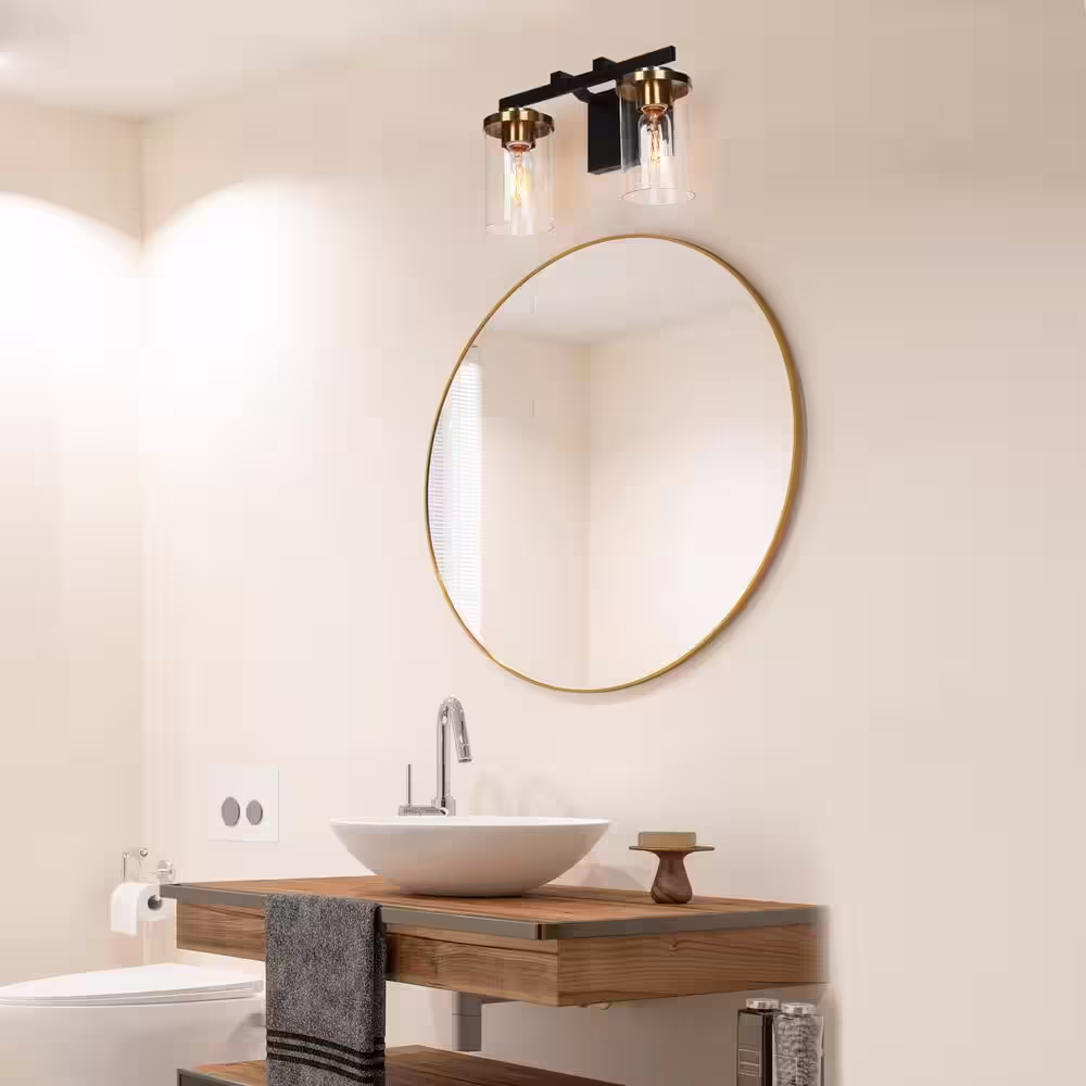 Zevni 14 in. 2-Light Black Vanity Light for Bathroom Industrial Modern Brass Gold Wall Sconce with Cylinder Clear Glass Shade