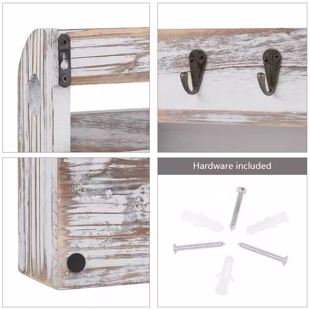 None Mail and Key Holder for Wall with 5 Key Hooks, Rustic Wall Mail Sorter with Shelf