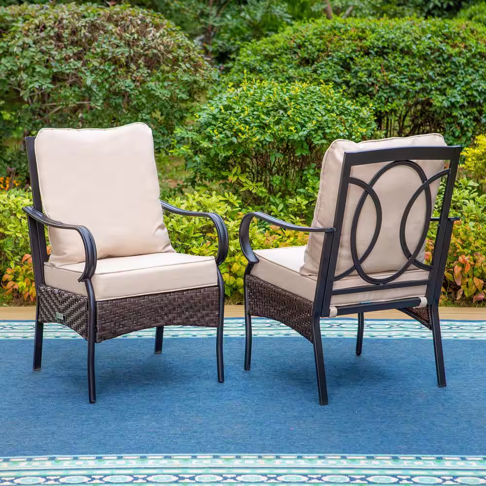 None 9-Piece Metal Patio Outdoor Dining Set with Black Rectangle Table with Extension and Chairs with Beige Cushions