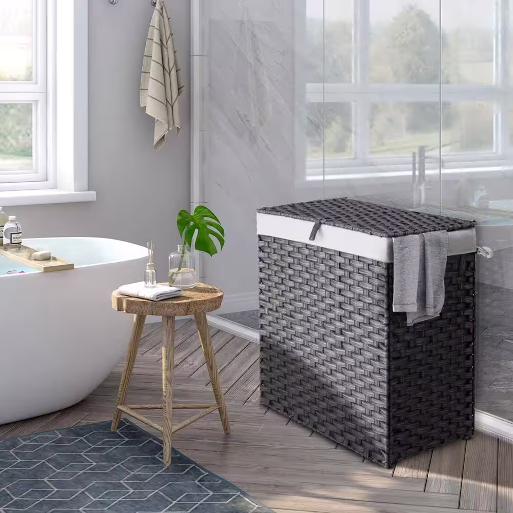 None 110L Rattan Laundry Basket Hamper with 2 Removable Liner Bags Gray