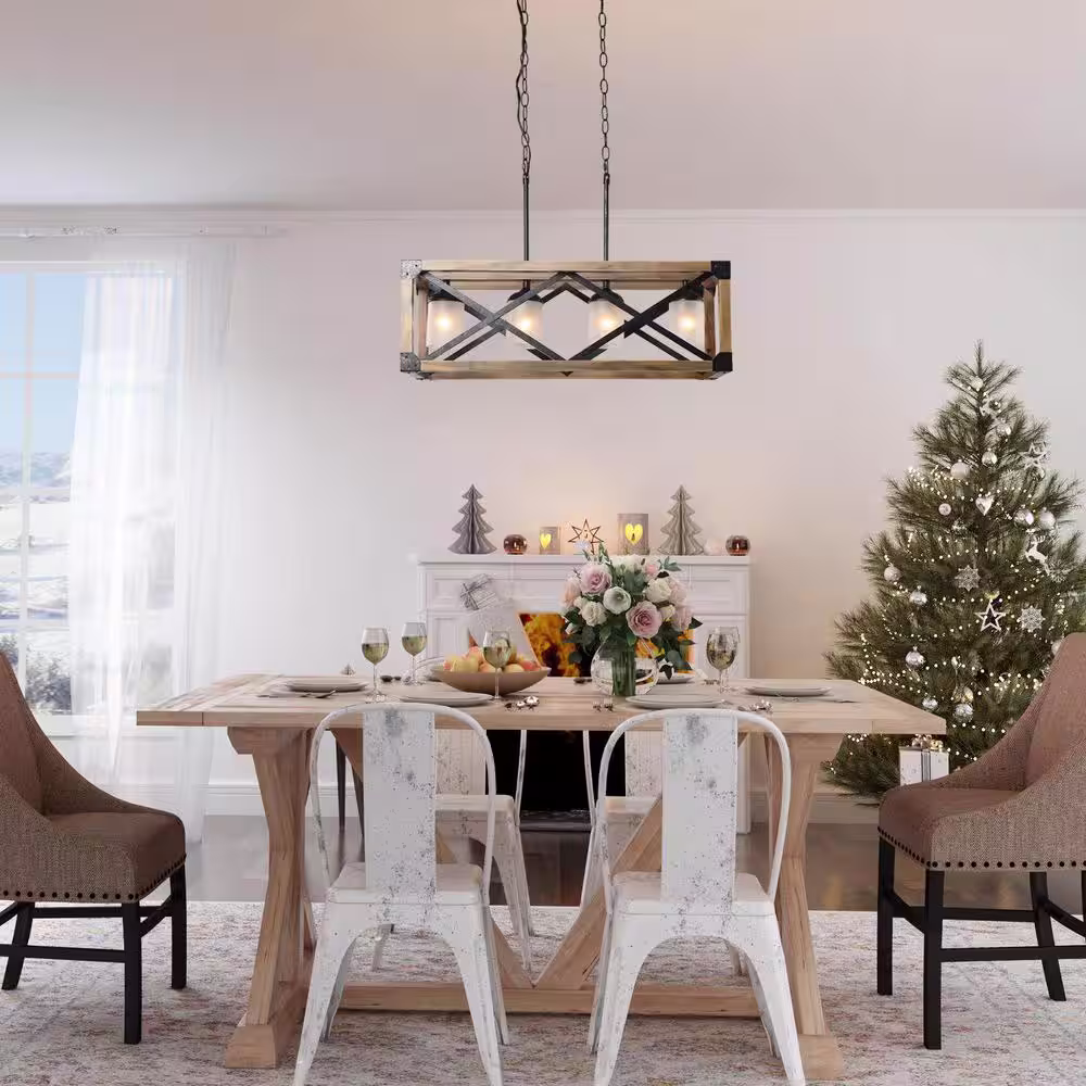 LNC Farmhouse Dining Room Chandelier, 4-Light Brown Wood/Black Metal Kitchen Island Pendant with White Frosted Glass Shades