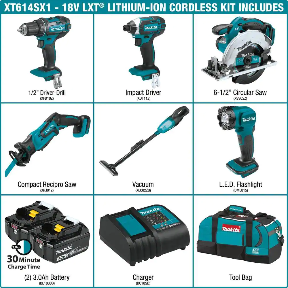 Makita 18V Lithium-Ion Cordless 6-Piece Kit (Drill-Driver/ Impact Driver/ Circular Saw/ Recipro Saw/ Vacuum/ Light) 3.0Ah