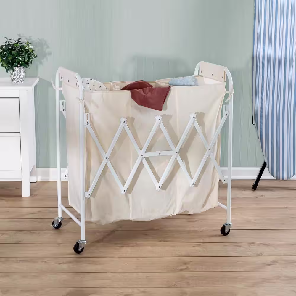 Honey-Can-Do White Collapsible Triple Laundry Sorter with Rubber Wheels