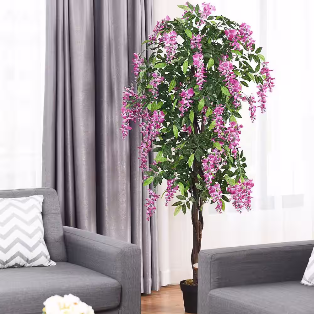 ANGELES HOME 6 ft. Green and Purple Indoor Outdoor Decorative Artificial Wisteria Tree Plant in Pot, Other Faux Fake Tree Plant
