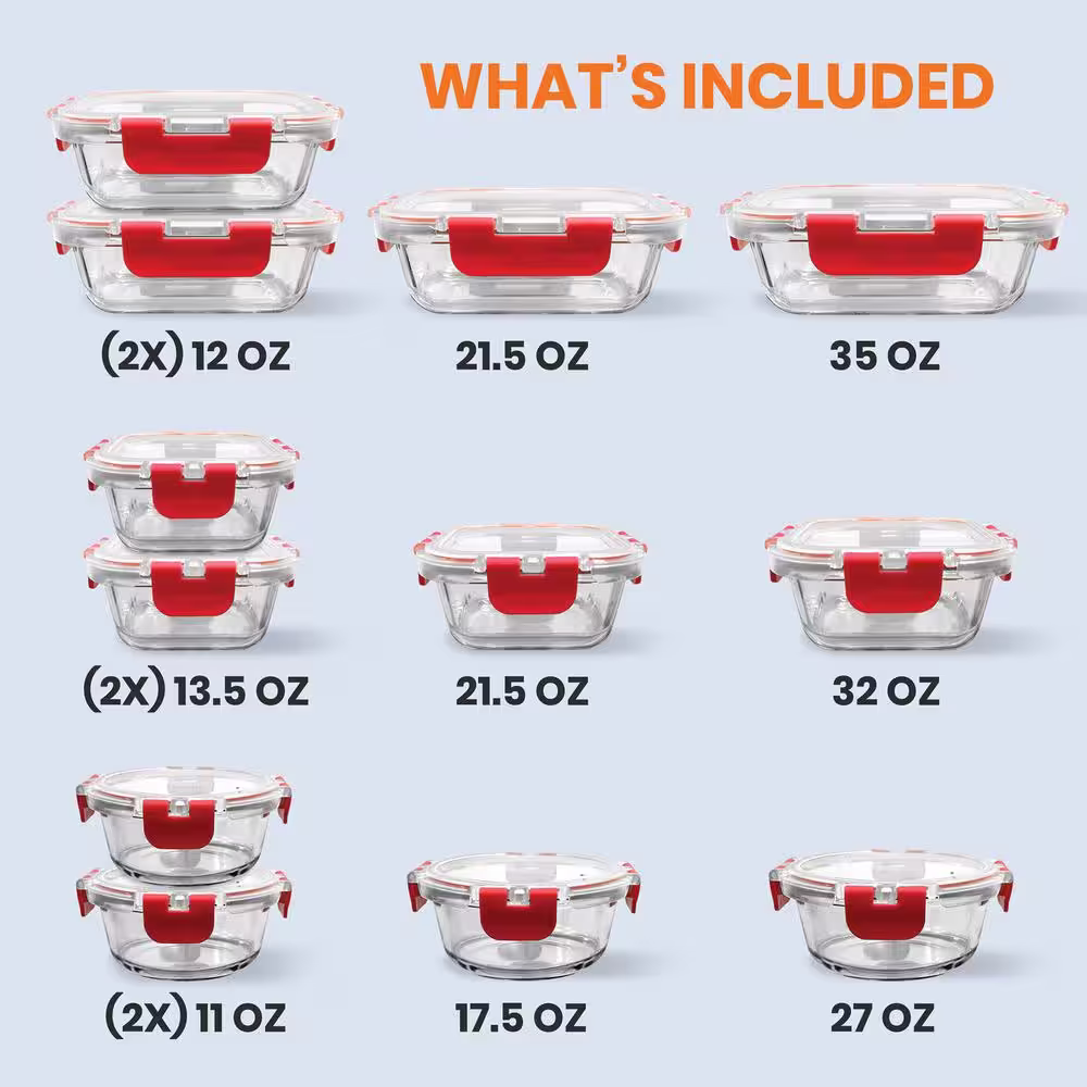 NutriChef 24-Piece Stackable Borosilicate Glass Food Storage Containers Set (Red)
