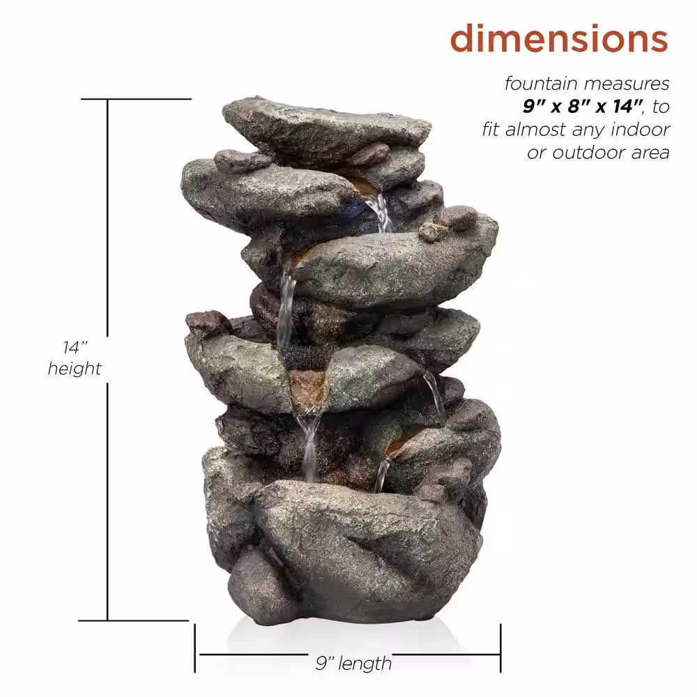 Alpine Corporation 14 in. Tall Indoor/Outdoor Tiering Rainforest Rock Waterfall Tabletop Fountain with LED Lights