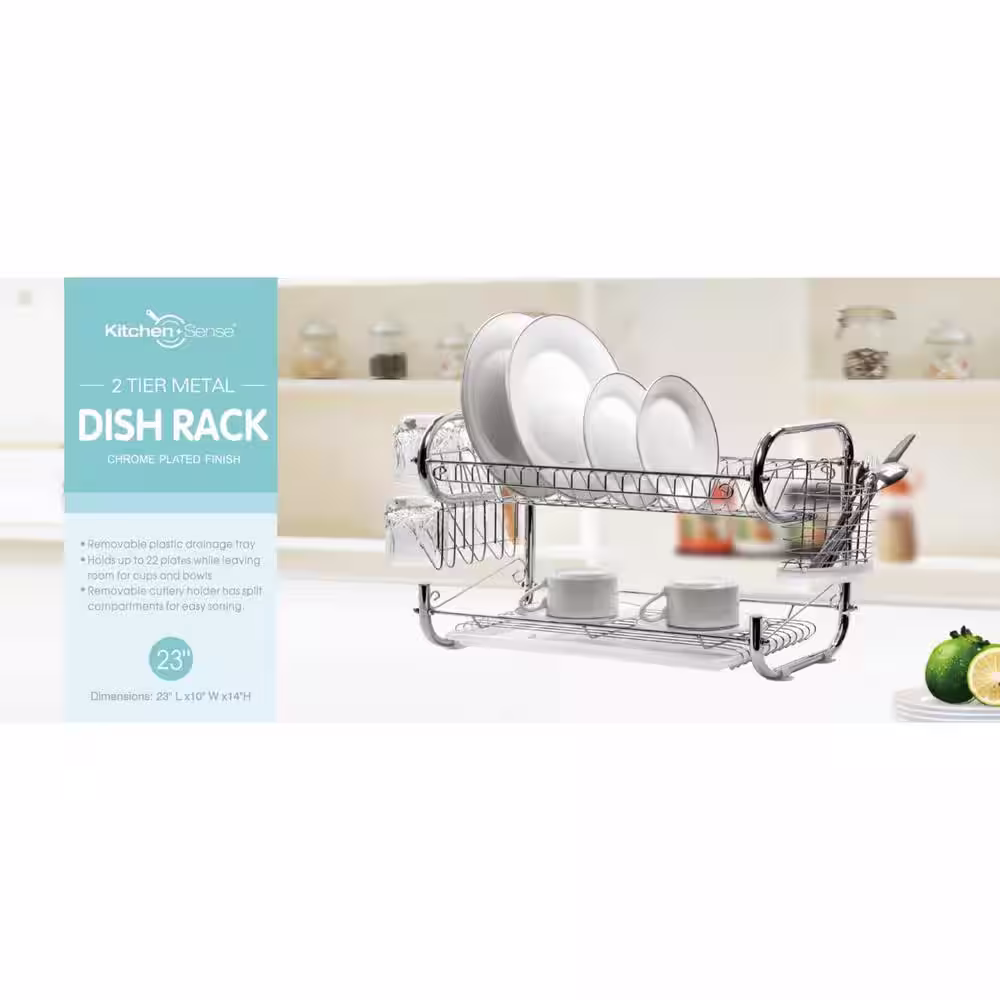 J&V TEXTILES 23 in. Chrome Fresh Stainless Steel 2-Tier Dish Rack with Utensil Holder and Cutting Board Holder