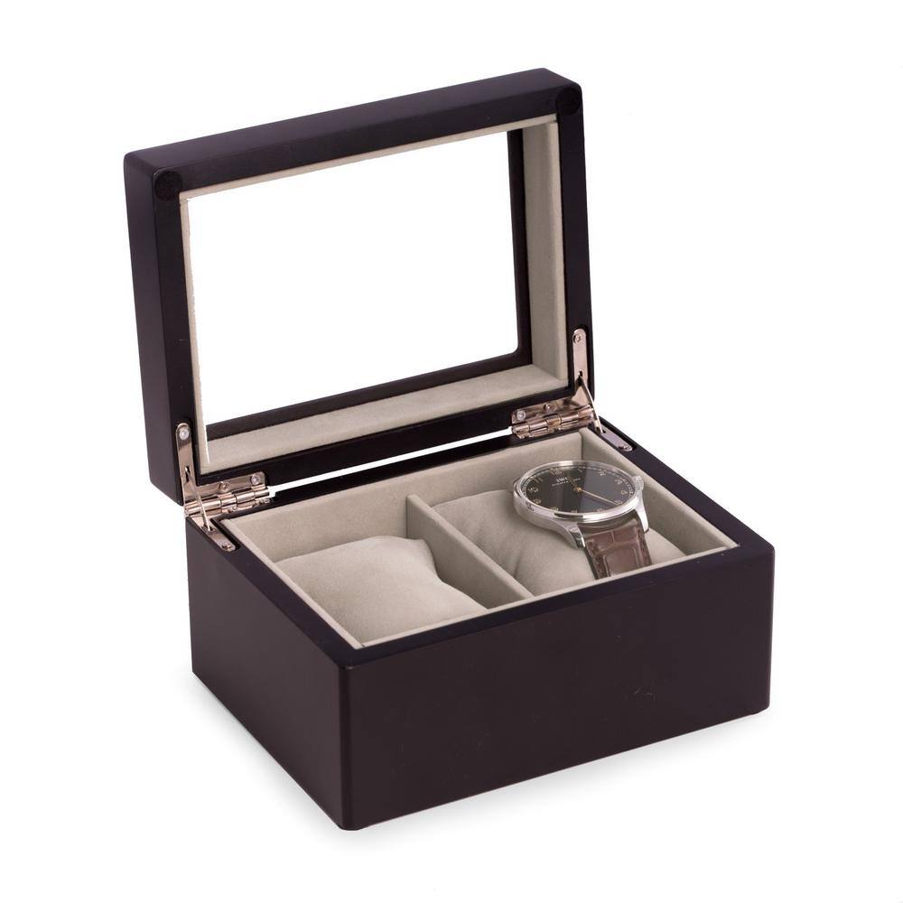 BEY-BERK Matte Black Wood 2-Watch Box with Glass Top, Velour Lining and Pillows