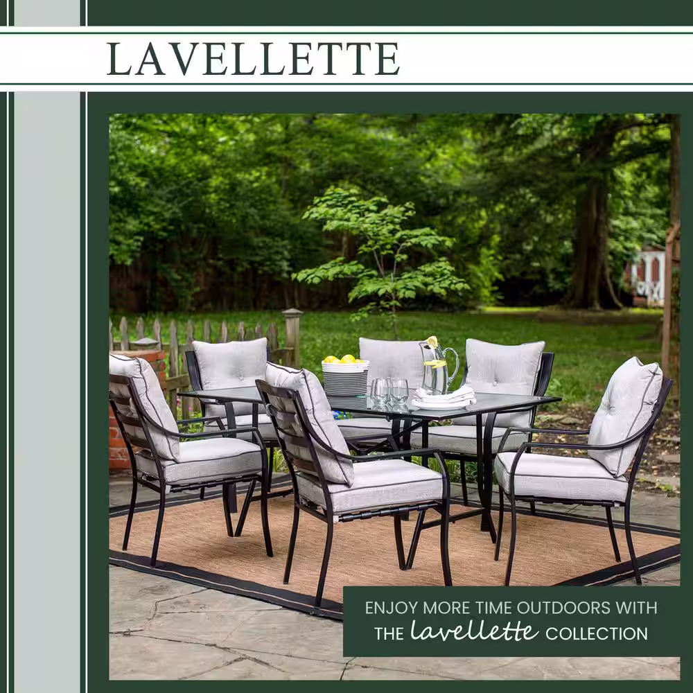 Hanover Lavallette Black Steel 7-Piece Outdoor Dining Set with Umbrella, Base and Ocean Blue Cushions