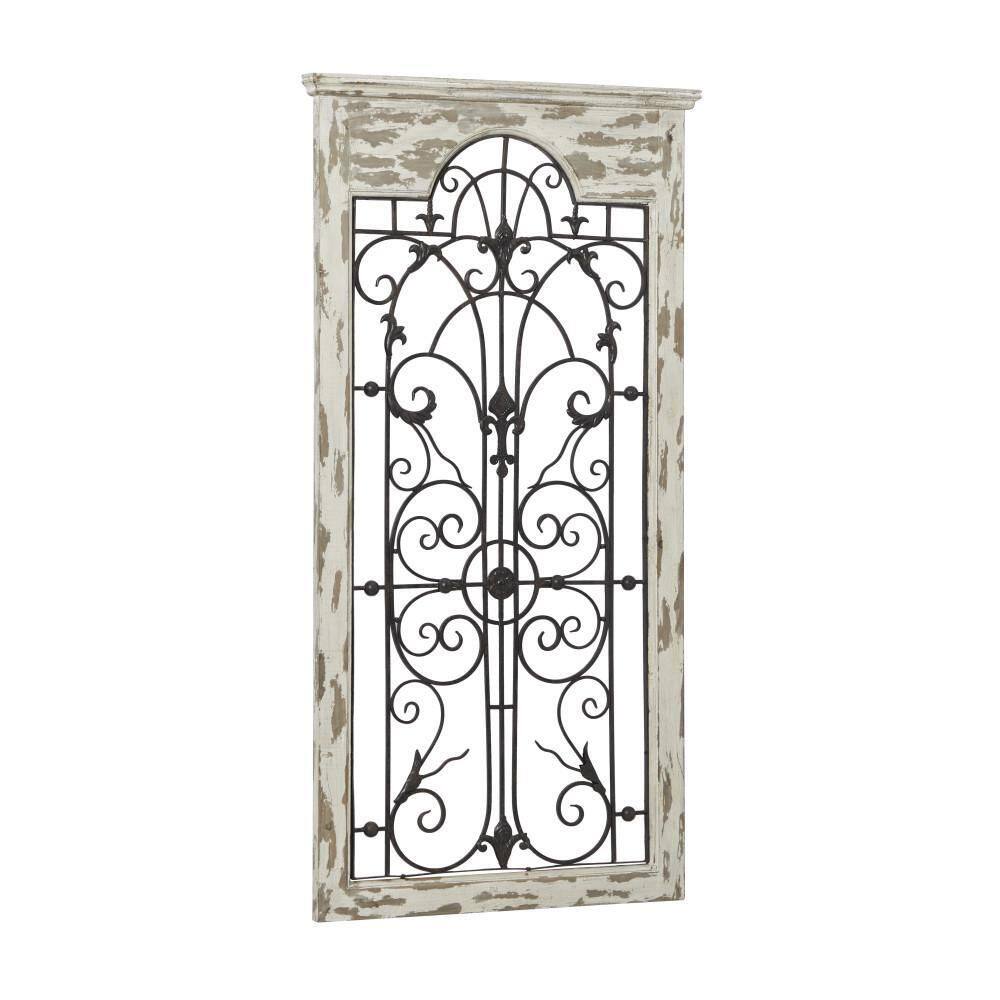 Litton Lane Wood White Arabesque Scroll Wall Decor with Metal Fleur De Lis Relief