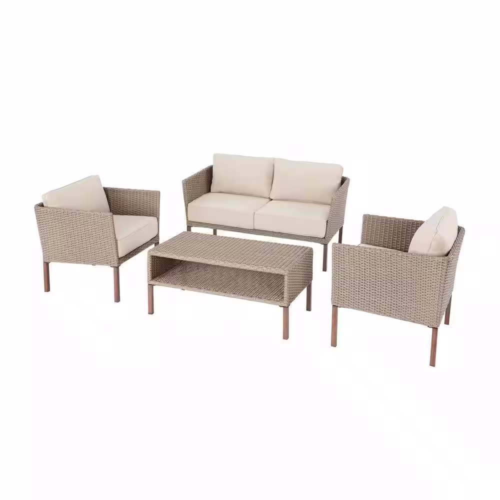 StyleWell Oakshire 4-Piece Wicker Outdoor Deep Seating Set with Tan Cushions