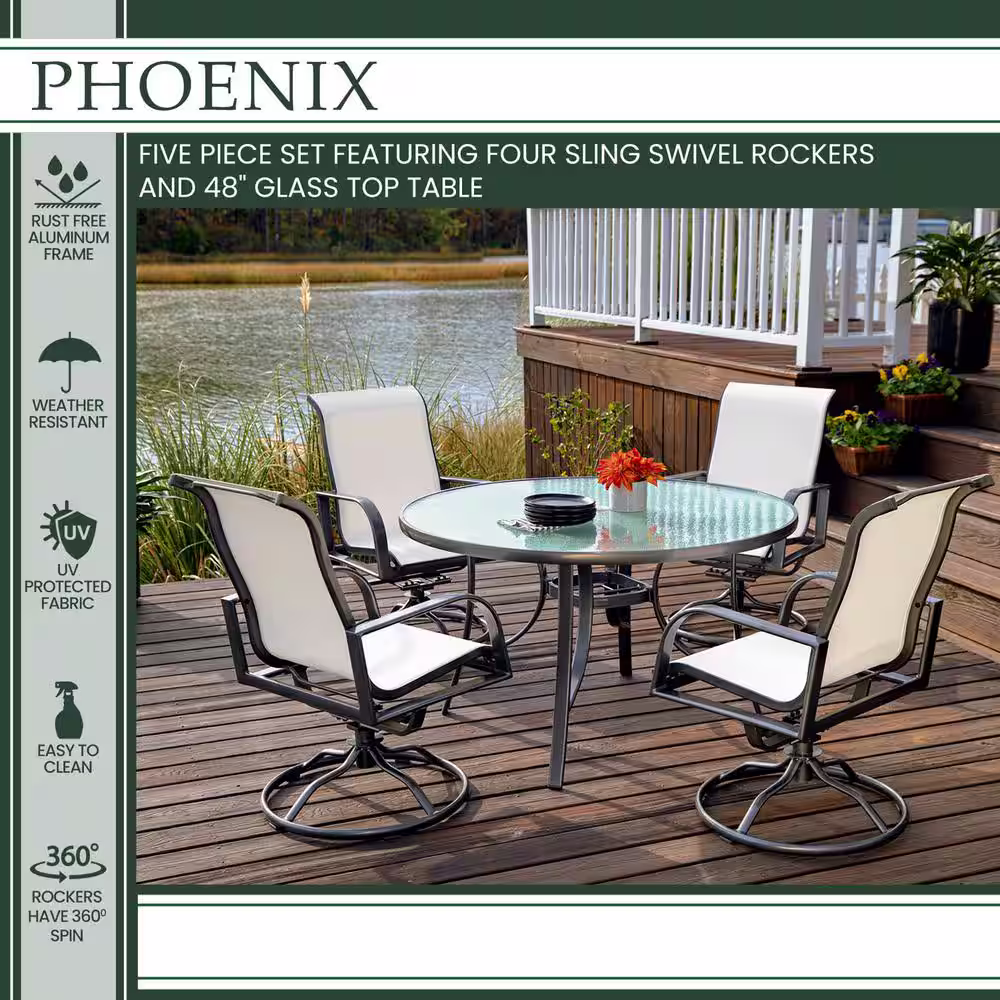 Hanover Phoenix 5-Piece Outdoor Furniture Patio Dining Set, 4 White Aluminum Sling Swivel Rocker Chairs, 48in. Round Glass Table