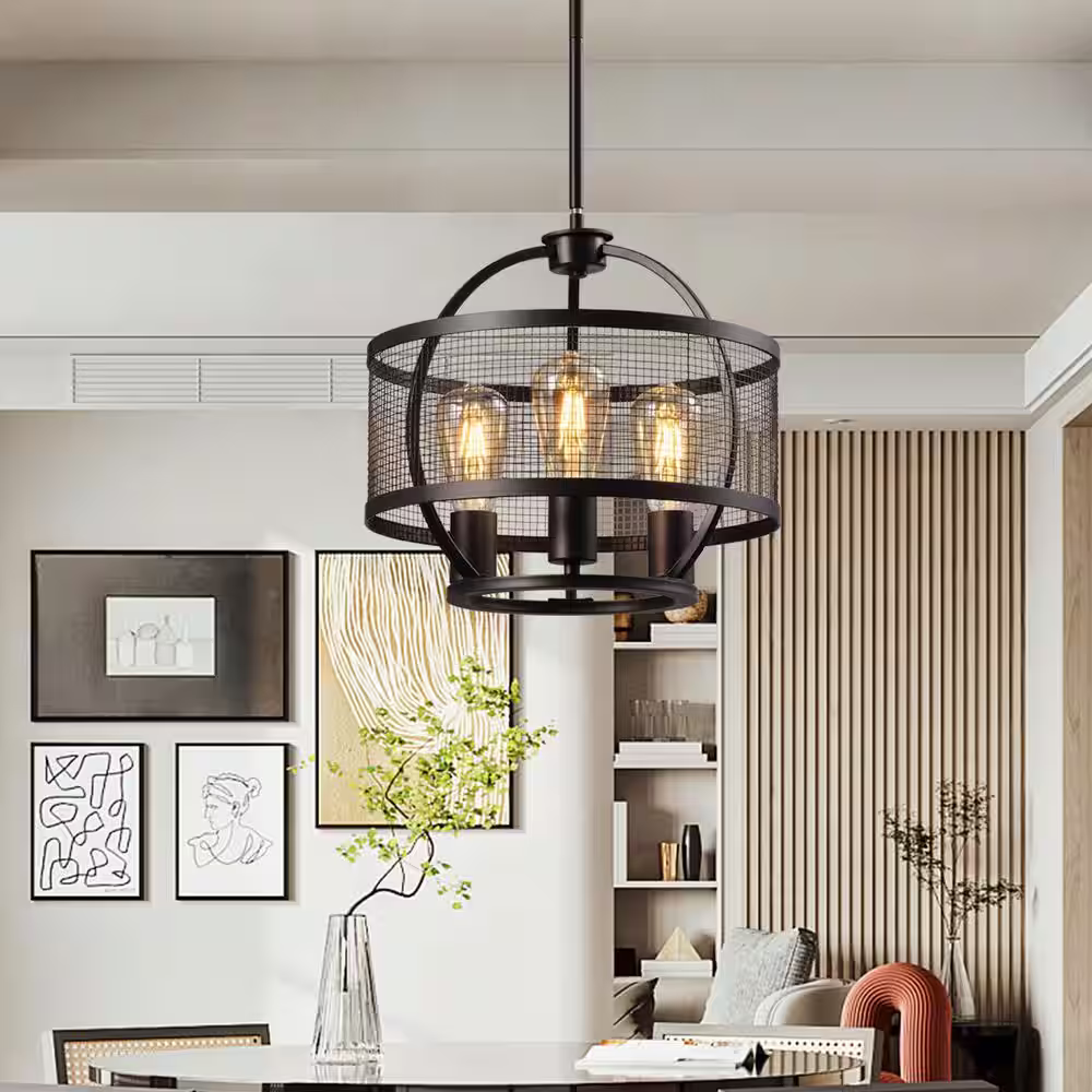 Maxax St. Paul 3-Light Black Lantern Drum Cage Pendant with Wrought Iron Accents