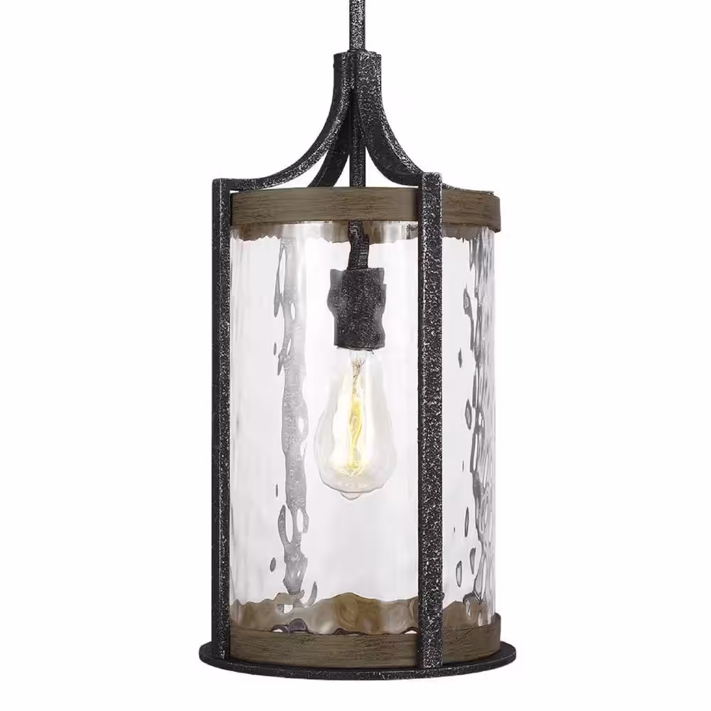 Generation Lighting Angelo 1-Light Distressed Weathered Oak and Slate Grey Metal Hanging Pendant with Clear Thick Wavy Glass Shade