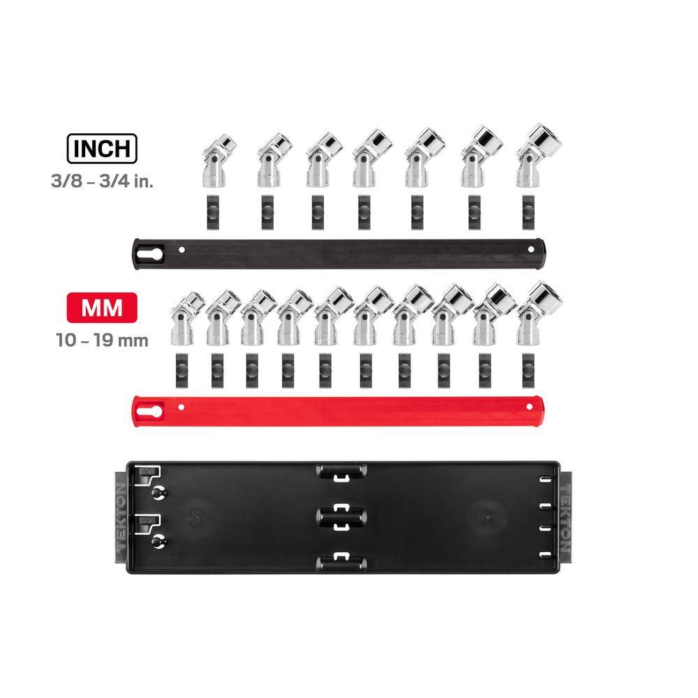 TEKTON 3/8 in. Drive Universal Joint Socket Set with Rails (3/8 in.-3/4 in., 10 mm-19 mm) (17-Piece)