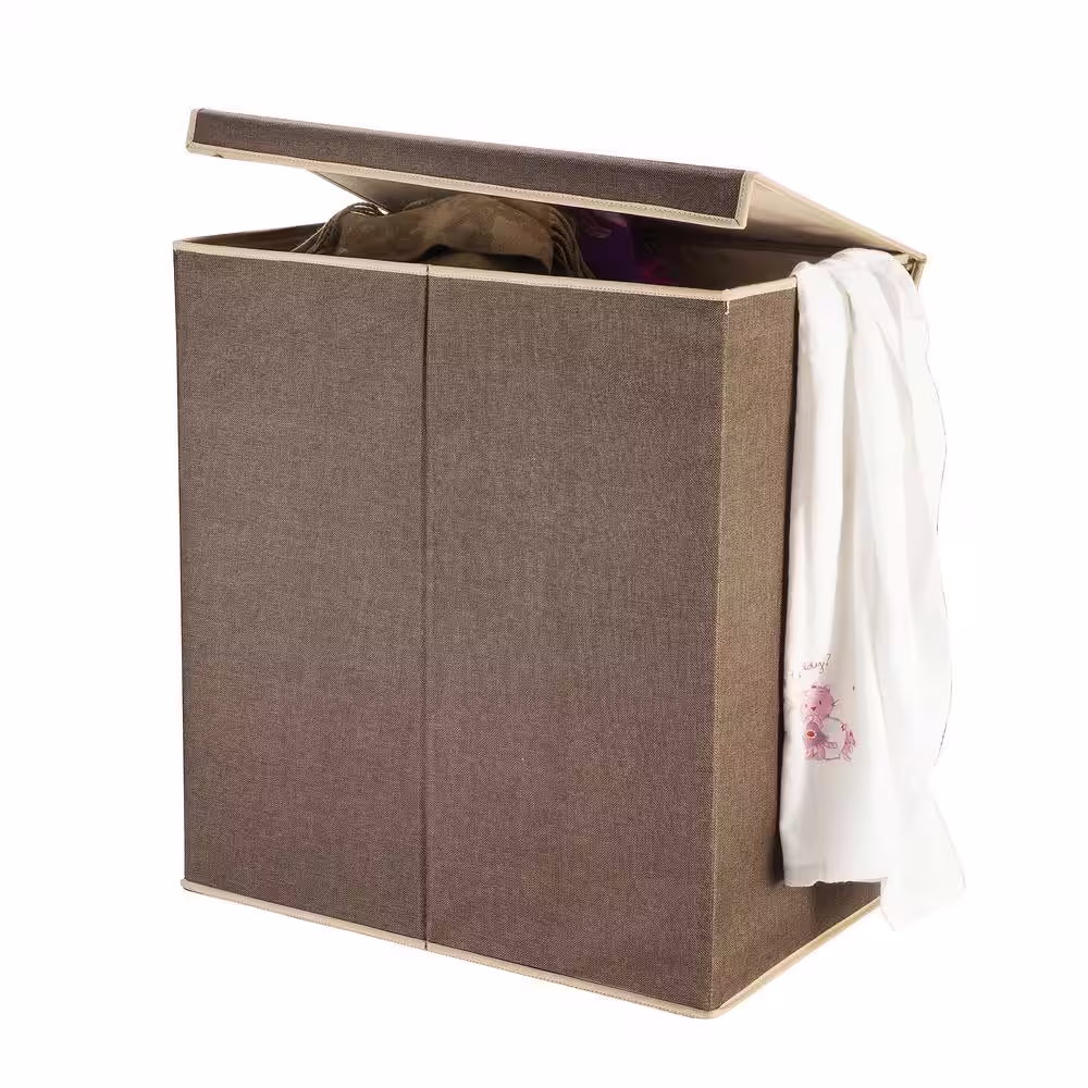 None Brown Collapsible Canvas Laundry Hamper with 2 Compartments for Sorting or Folding Clothes