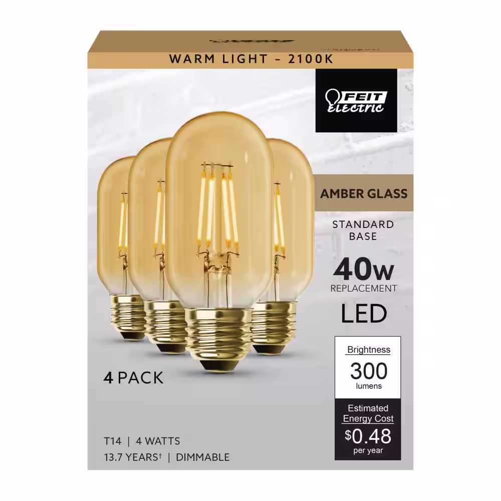 Feit Electric 40-Watt Equivalent T14 Dimmable Straight Filament Amber Glass E26 Vintage Edison LED Light Bulb, Warm White (4-Pack)