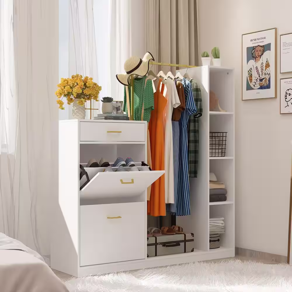 None White Freestanding Metal Coat Rack Clothes Rack Closet Organizer with Shoe Cabinet, Drawer and Storage Shelves