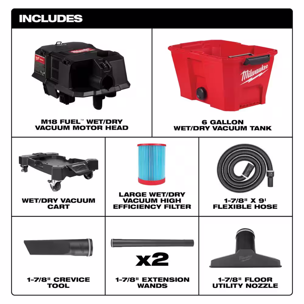 Milwaukee M18 FUEL 6 Gal. Cordless Wet/Dry Shop Vacuum w/HIGH OUTPUT XC 8.0 Ah Battery & High Output 6.0Ah Batteries (2-Pack)