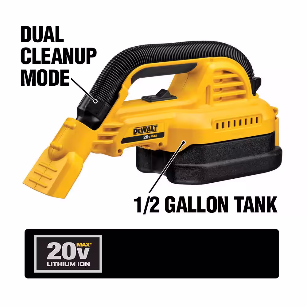 DEWALT 20V MAX Cordless 1/2 Gal. Wet/Dry Portable Vacuum and (1) 20V MAX Compact Lithium-Ion 2.0Ah Battery