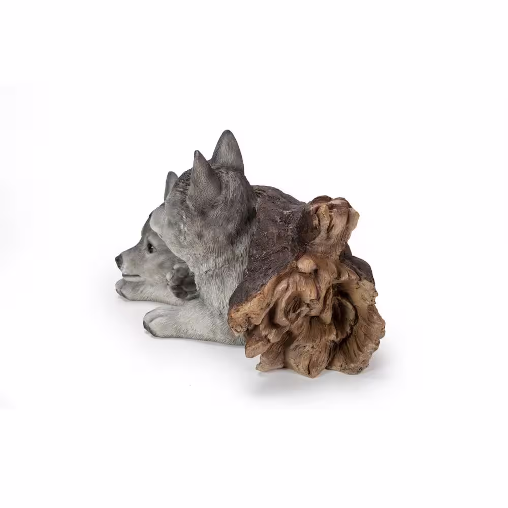 Hi-Line Gift Grey Wolf Cubs Hiding Under Log Garden Statue