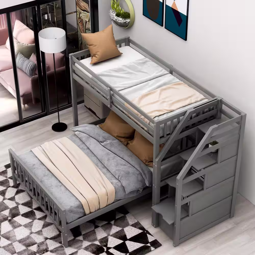 Harper & Bright Designs Gray Twin Over Full Loft Bed with Storage