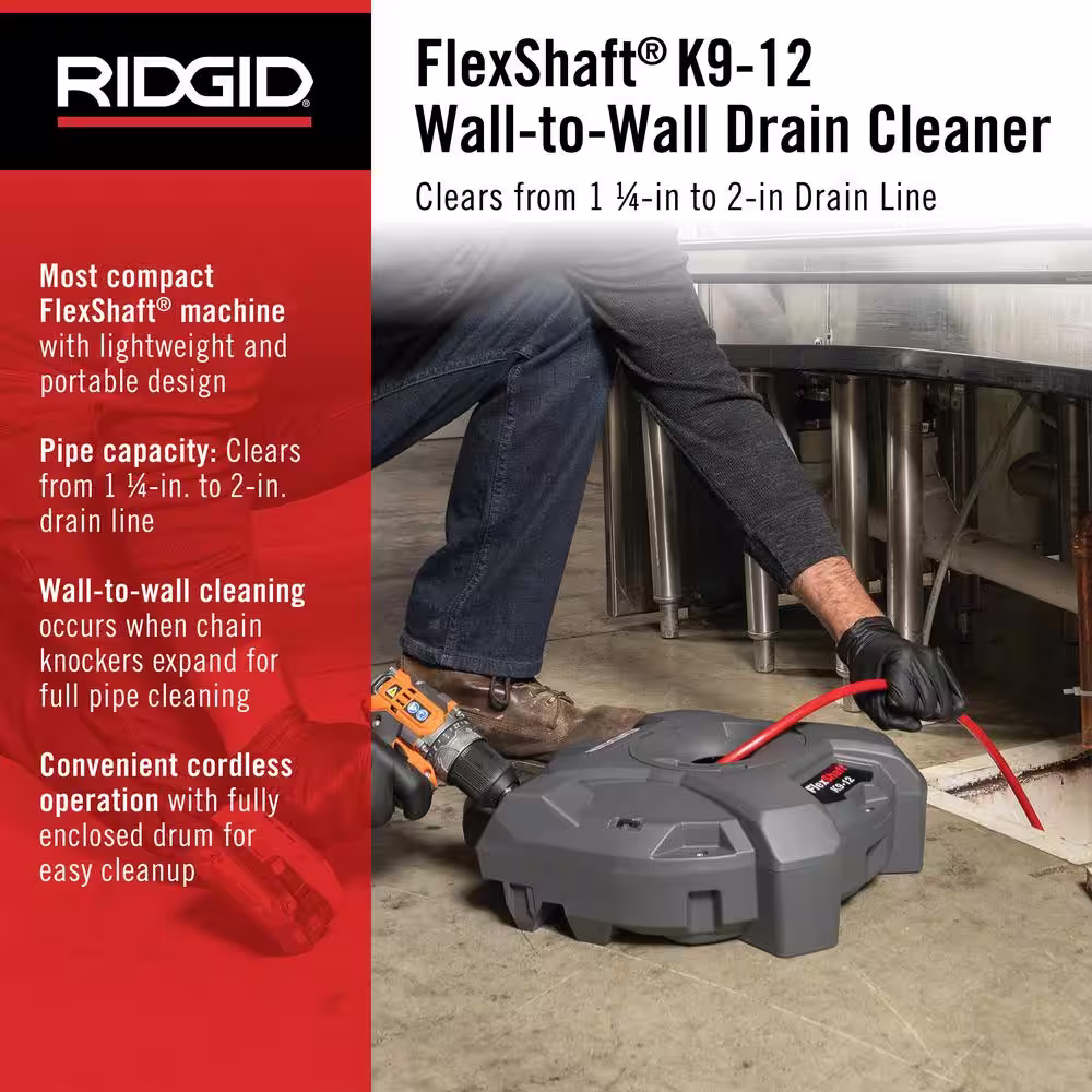 RIDGID K9-12 FlexShaft Wall-to-Wall Drain Cleaner, 1/4 in. x 30 ft. Cleans 1-1/4 in. to 2 in. Pipes to Full Flow Capacity